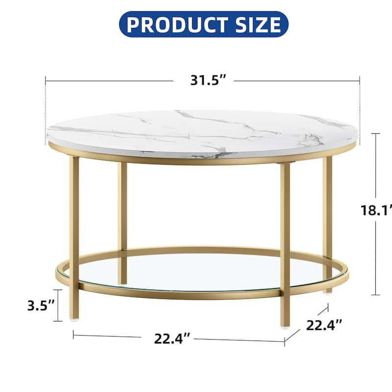 Moasis 31.5" Round Coffee Table, Marbling Goldtone 2-Tier Center Table with Storage Open Shelves