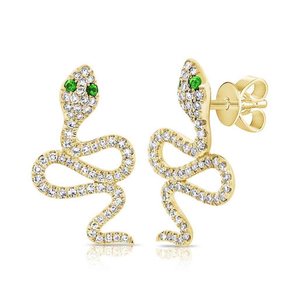 Joelle Collection Diamond Snake Stud Tsavorite Earrings 14K Gold