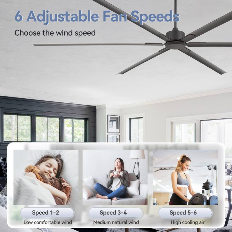 Large 72"/84"/96"/120" Black Ceiling Fan with Remote without Light-6/8 Aluminum Blades