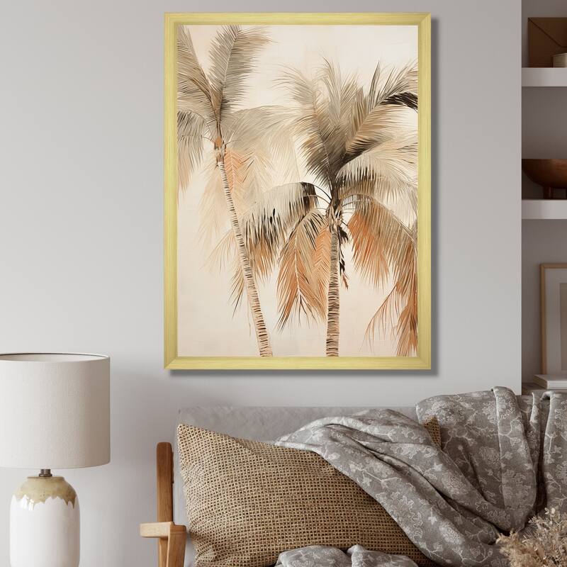 Designart "Minimalism Vintage Tropical Tranquility Palm Trees II" Palms & Palm Trees Framed Wall Art Prints - 16 in. wide x 32 in. high - Gold