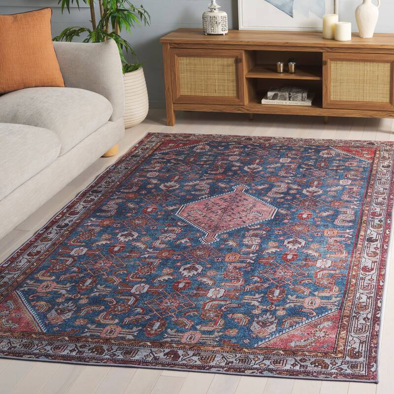 SAFAVIEH Tucson Amire Machine Washable & Slip Resistant Rug - Blue/Rust - 6' x 9'