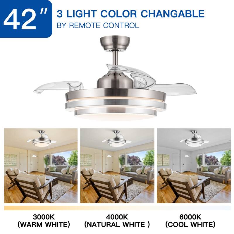 42" Retractable Ceiling Fan with Remote Control and 6-Speed