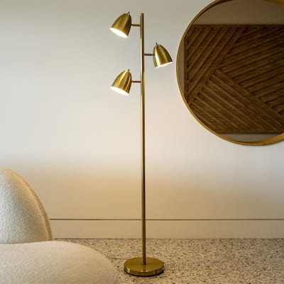 Brightech Jacob 64 in. Antique Brass Mid-Century Modern 3-Light Adjustable LED Floor Lamp with 3 Brass Metal Cone Shades