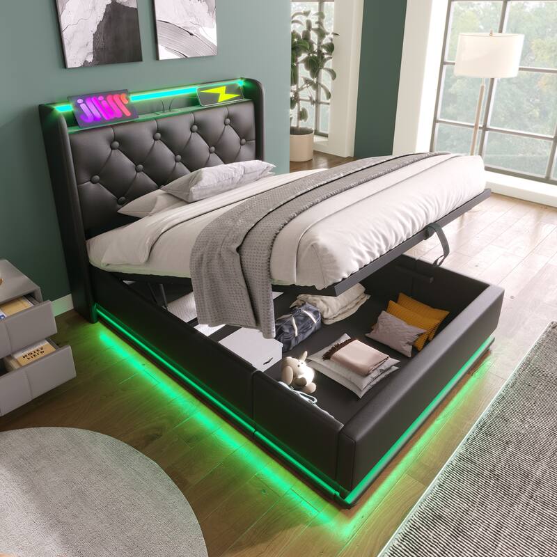 Metal Frame Storage Bed LED PU Upholstered Platform Bed, Twin