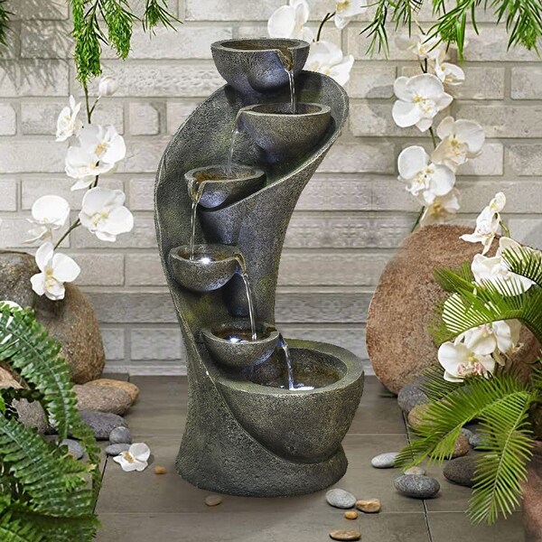 23.6'' 6 Tier Curved Water Fountain with Lights Outdoor - Bed Bath