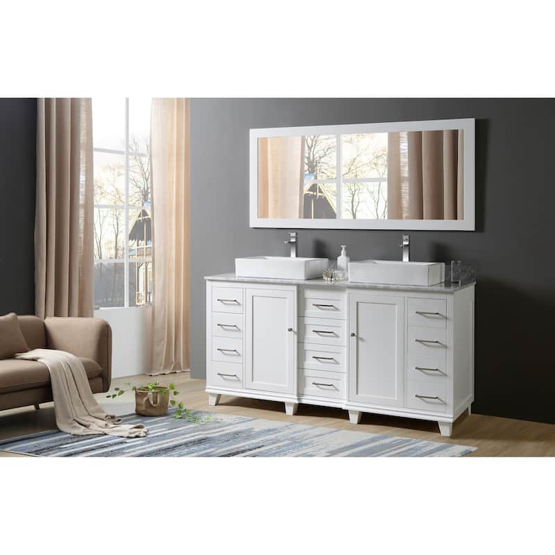 Ultimate Classic 72 In. Vanity In White With Carrara White Marble Vanity Top with vessel sinks