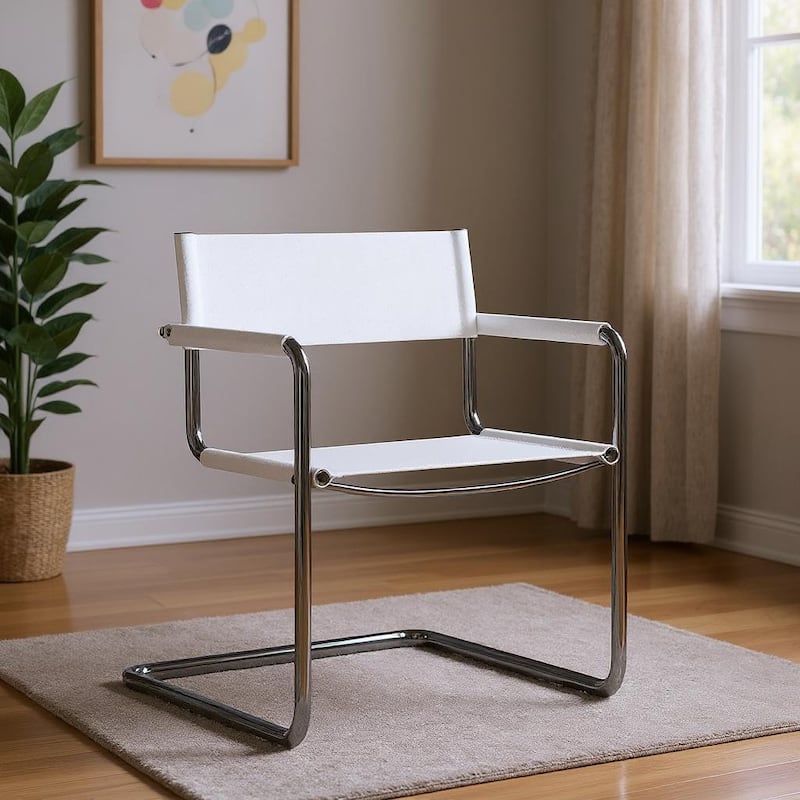 HomeRoots 23" Silver And White Leather and Stainless Steel Arm Chair - 22.95 in. x 31.30 in. x 23.62 in. - 22.95 in. x 31.30 in.  x 23.62 in.