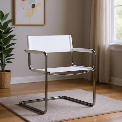 HomeRoots 23" Silver And White Leather and Stainless Steel Arm Chair - 22.95 in. x 31.30 in. x 23.62 in.