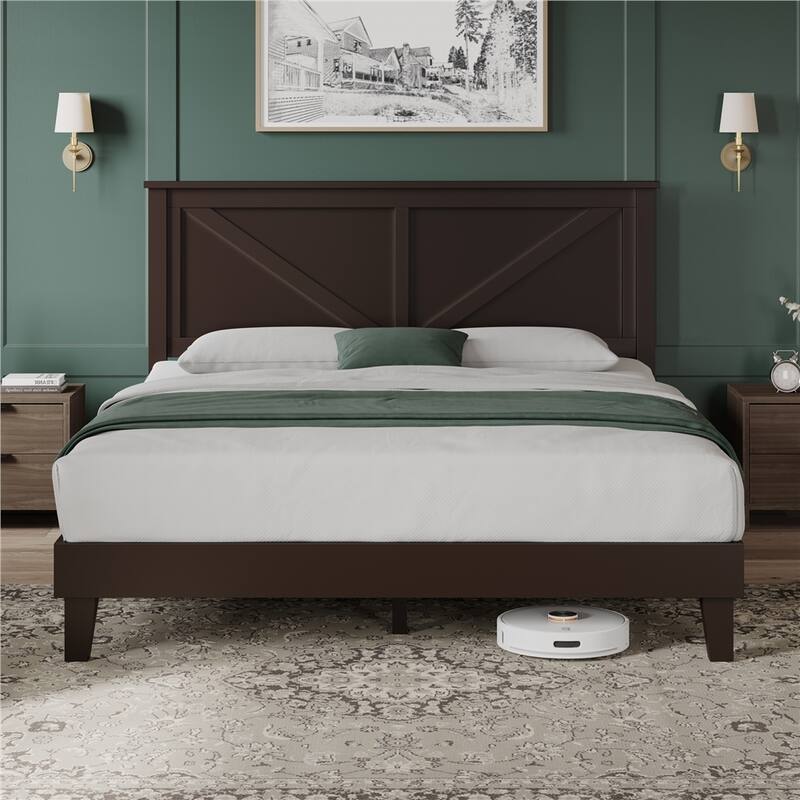 Yaheetech Farmhouse Wooden Bed Frame with Headboard No Box Spring Needed