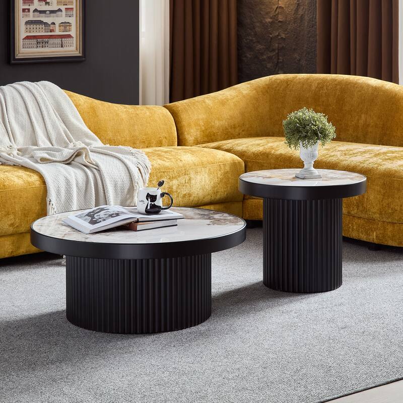 Nesting Round Coffee Table Set with Sintered Stone Tabletop, Modern Living Room Center Table