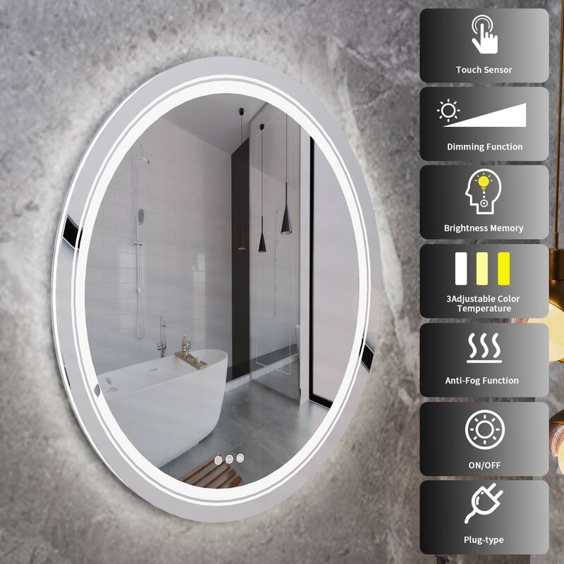 Frameless Oval Wall Mounted LED Bathroom Mirror Anti-Fog Memory - 20X28 Inch