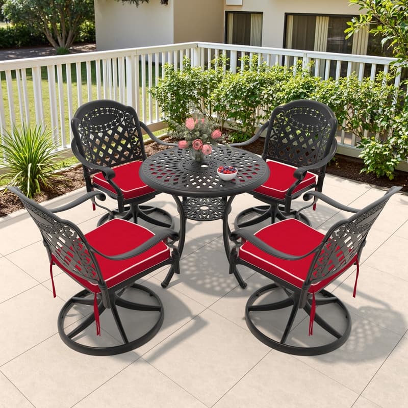 5-Piece Aluminum Round Outdoor Patio Dining Set, 4 Cushioned Swivel Chairs, Table, All-Weather Frames