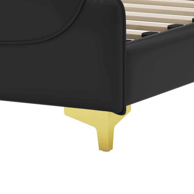 Queen Size PU Leather Platform Bed with Wingback Headboard, Footboard, and Gold Metal Accents