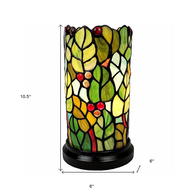 HomeRoots 11" Green and Red Leaves and Berries Stained Glass Accent Lamp - 6