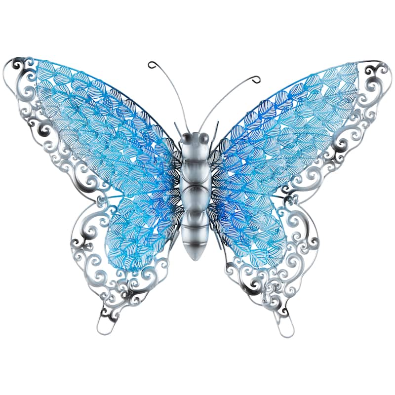 Iron Metal Eclectic Butterfly Wall Decor in Blue, Purple, or Green (16" H X 21" W)