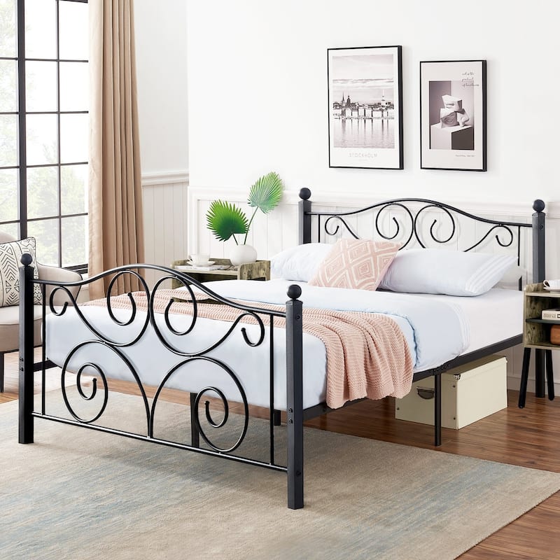Metal Platform Bed Frame with Scroll Headboard