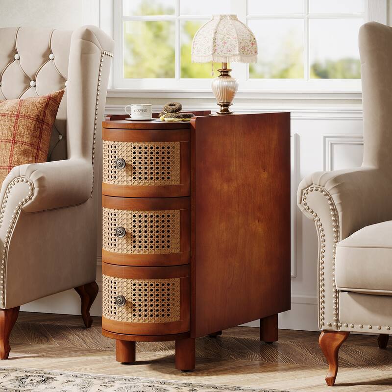 Solid Wood End Side Table 3-Drawer Rattan Bedside Table Nightstand