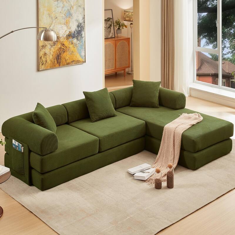107'' L-Shaped 7-in-1 Corduroy Modular Sectional Sofa Bed, 4-Seat, Green