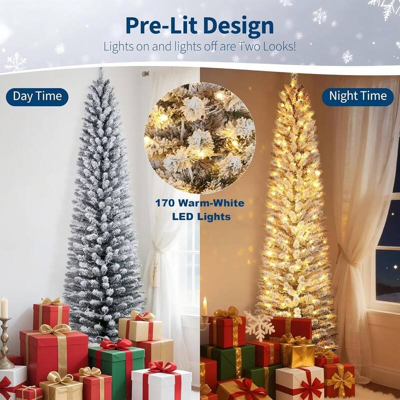 6ft Prelit Flocked Pencil Christmas Tree with Lights, Slim Artificial Xmas Tree with Snowy Branch