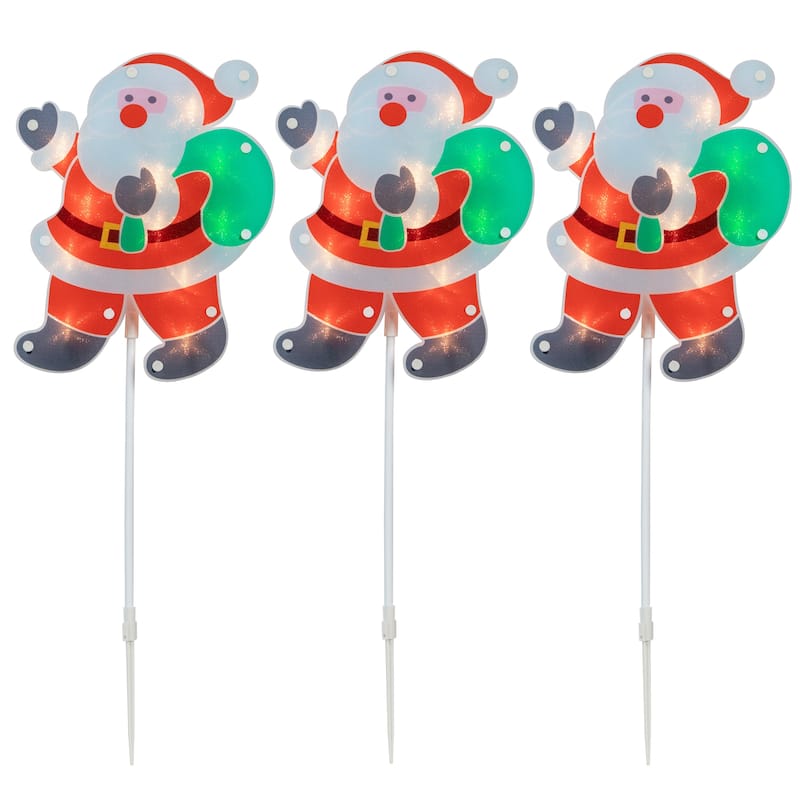 Lighted Holographic Santa Claus Christmas Pathway Markers - Clear - 5.5' White Wire - 3ct - Red