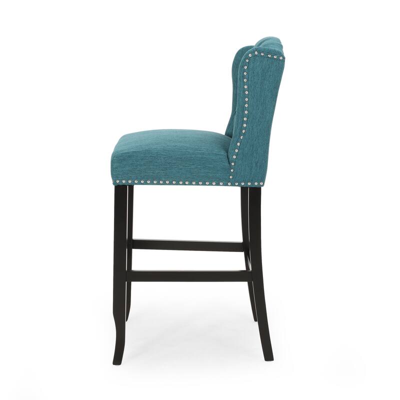 Seliva Barstool Chair Set of 2, Teal Fabric, Tufted Back, Brown Rubberwood