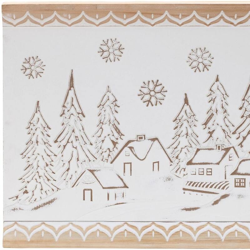 HomeRoots 16" X 19" Natural And White Winter Village Christmas Trees Hanging Wall Decor