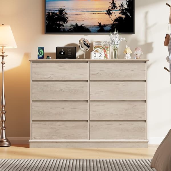 8-Drawer Oak Dresser, Wide Wooden Chest of Drawers, Wide Top Organizer for Closet, Hallway, Living Room