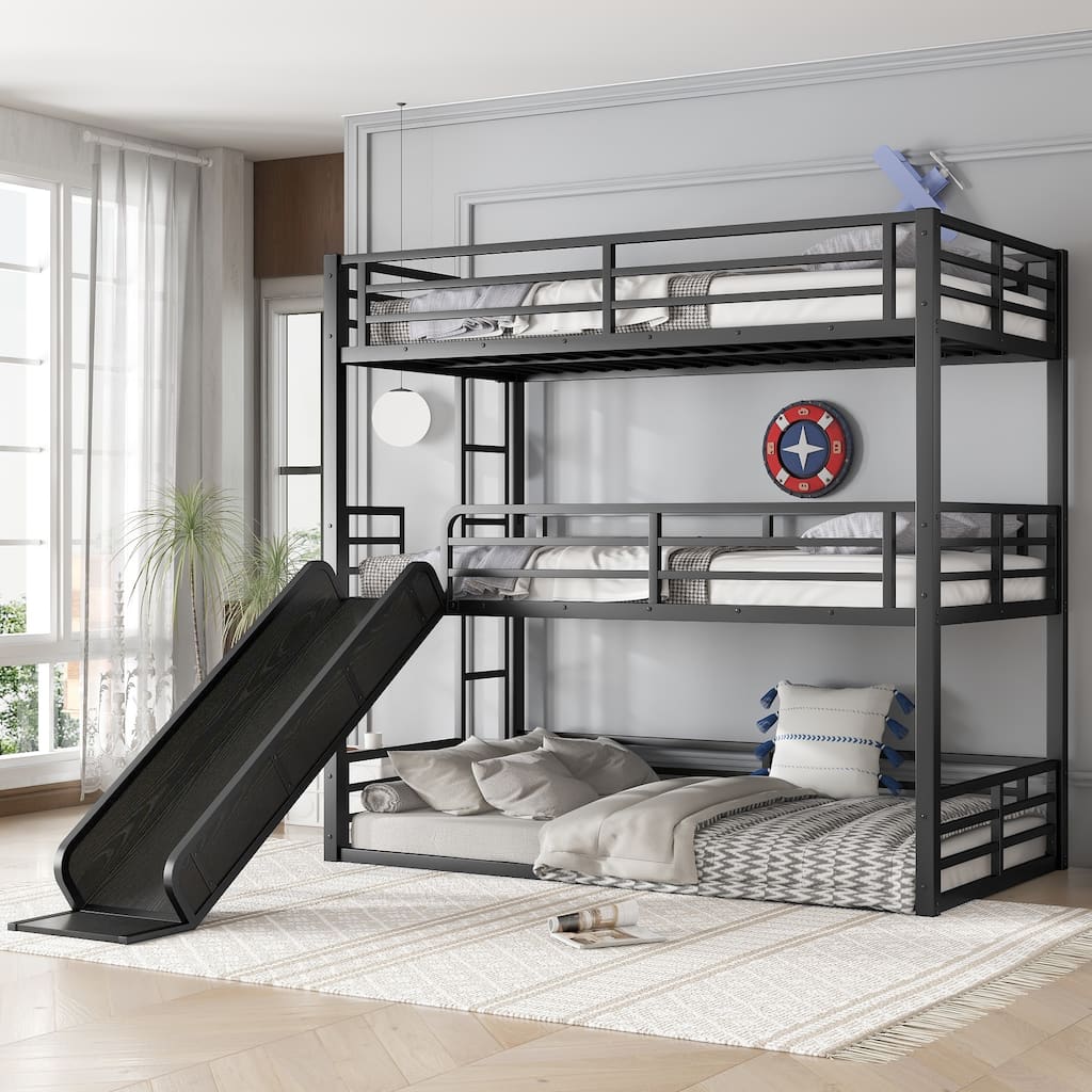 GDFStudio - Rock Triple Bunk Bed with Slide, Guardrails, Durable Noise-Free Frame