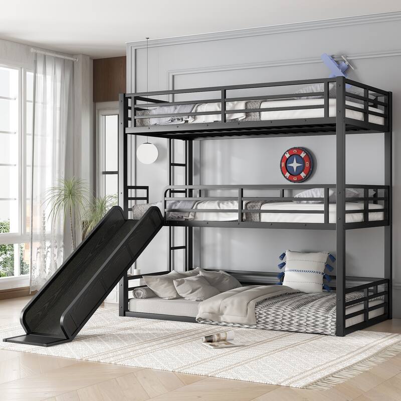 Metal Triple Bunk Bed Frame with Full Length Guardrail, Slide and Ladder, Heavy Duty Metal Slat Support, Noise Free - Black - Twin XL