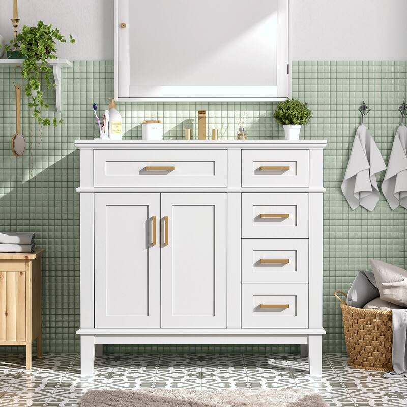 36" Modern Bathroom Vanity with Ceramic Sink, Soft Close Doors, 4 Drawers for Storage - White