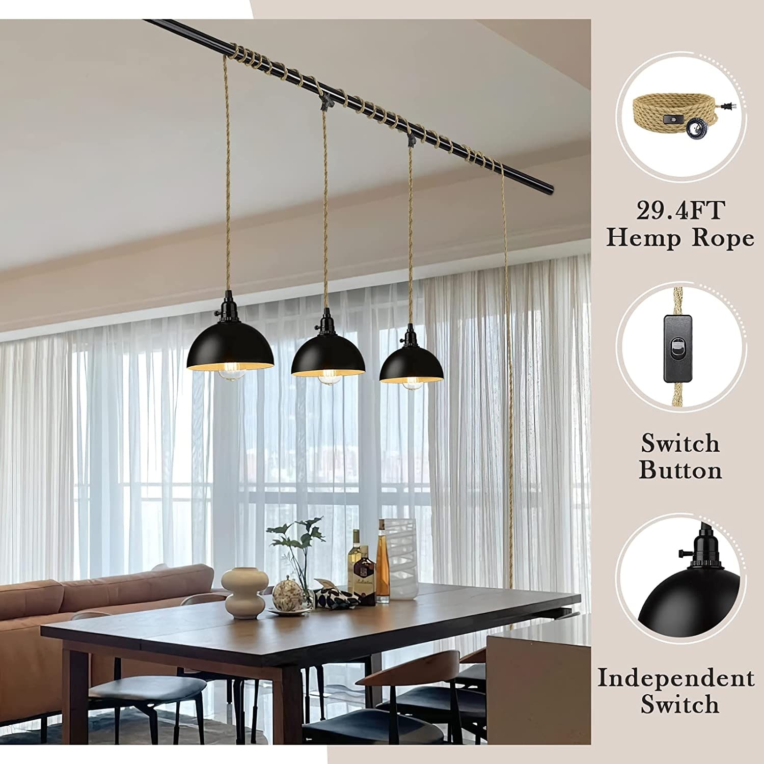 3-Light Pendant Light with Plug in Cord,Industrial Hanging Lamps