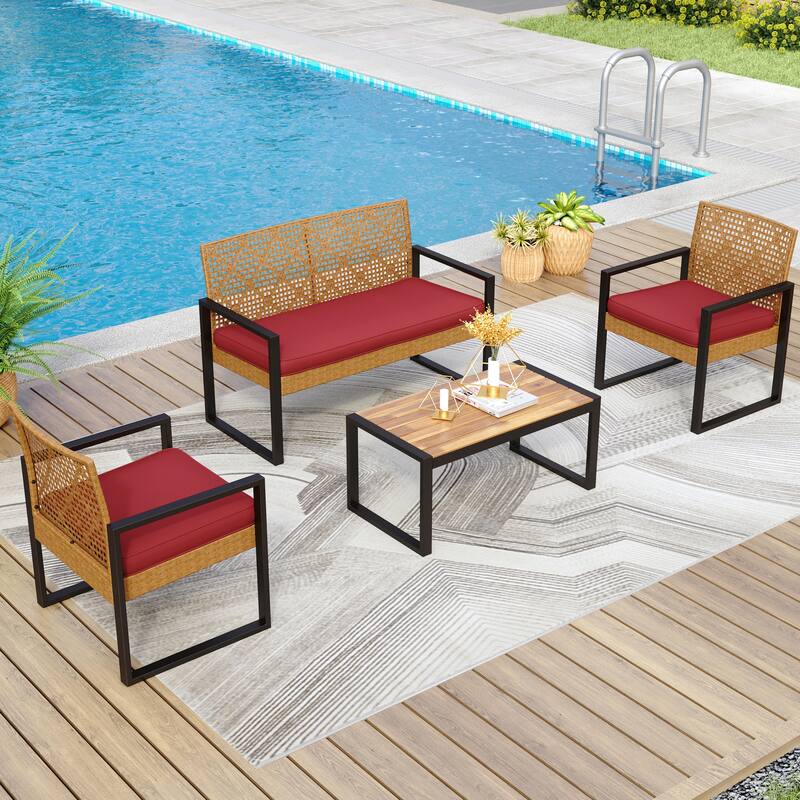 4-Piece Patio Furniture Wicker Outdoor Bistro Set, All-Weather Rattan Wood Conversation Set with Soft Cushions by Havenside Home