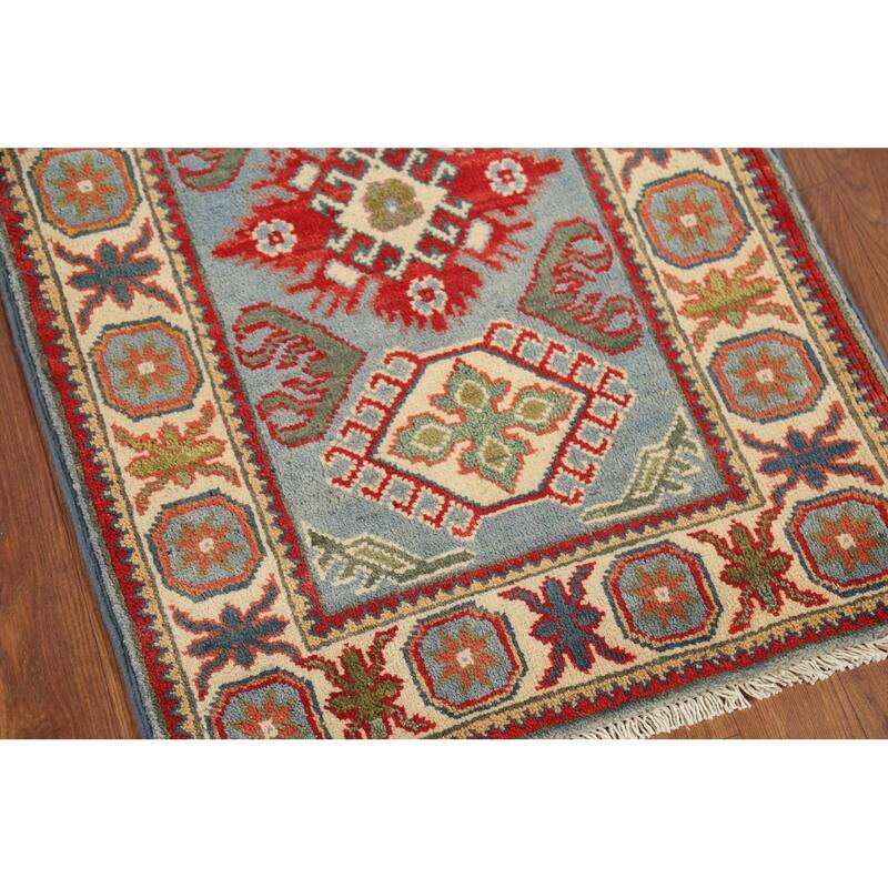 Light Blue Geometric Kazak Oriental Accent Rug Handmade Wool Carpet - 2'1"x 2'10"