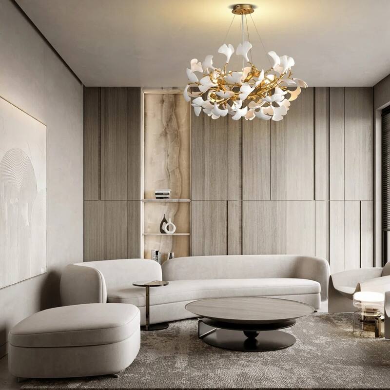 KAYLA Modern Gold Tree Branch Ginkgo Leaf Chandelier - 55" Rectangle Ceramic & Aluminum Design
