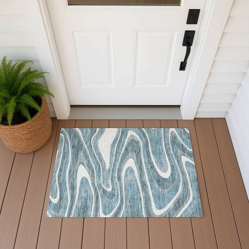Machine Washable Indoor/ Outdoor Abstract Busey Chantille Rug - Teal - 1'8" x 2'6"