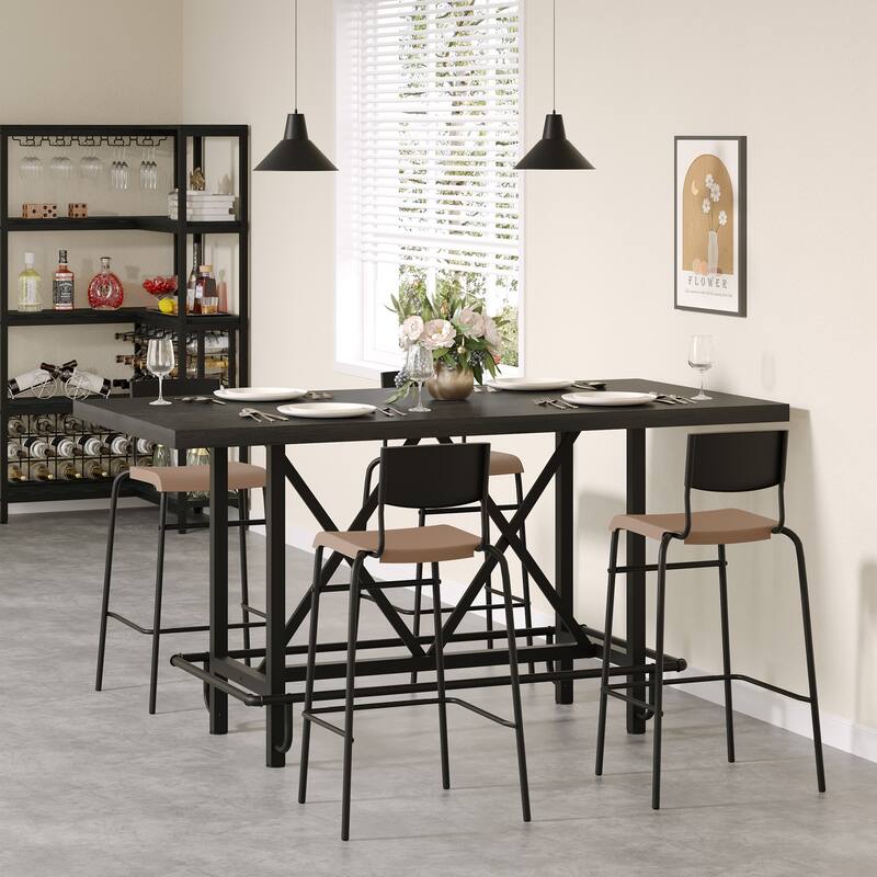 63" Long Wood Dining Table for 4-6 People, Farmhouse Dinner Table with Thick Tabletop, Kitchen Table with Footrest