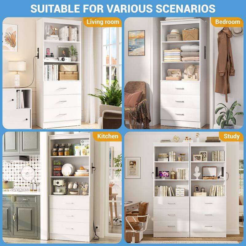 Tall Buffet Sideboard with Charging Station, Storage Pantry Organizer with Drawers and Shelves