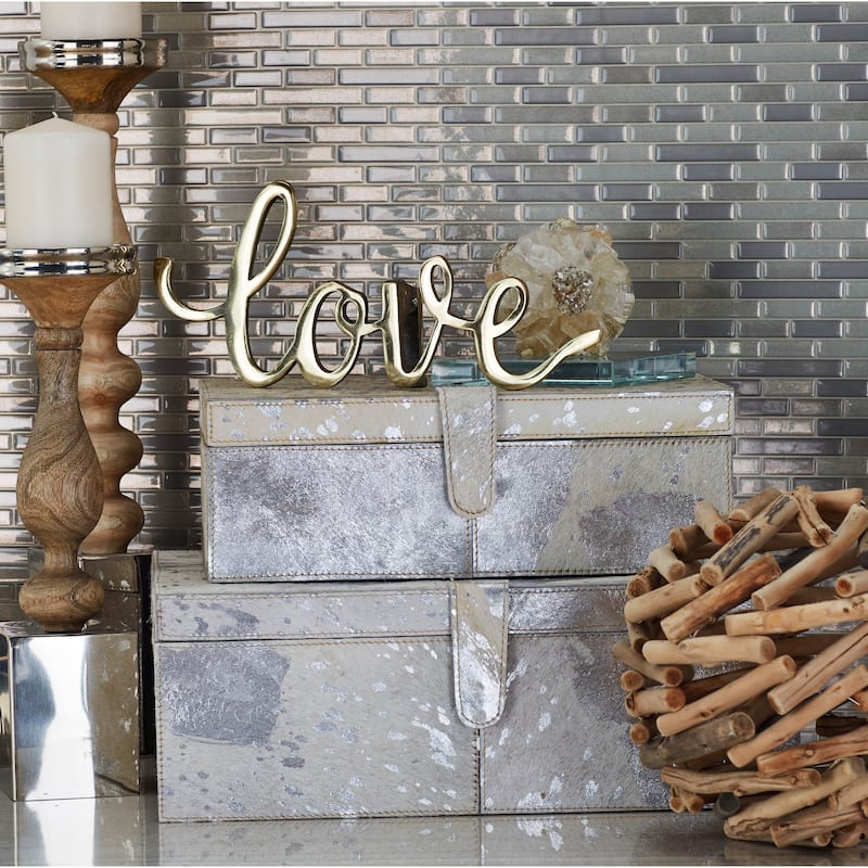 Gray, Silver or Gold Leather Handmade Cowhide Storage Box with Silver Foil Accents (Set of 2) - Silver