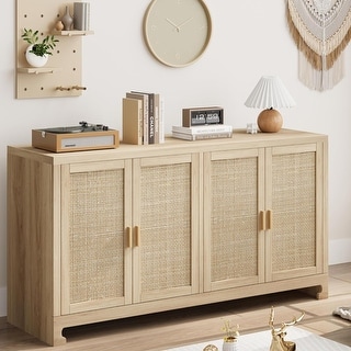 Beige Rattan Accent Storage Cabinet with 4 Doors