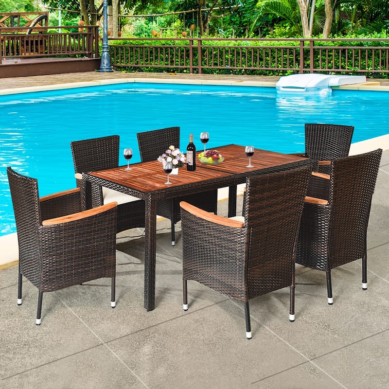 Costway 7PCS Patio Rattan Dining Set 6 Stackable Chairs Cushioned