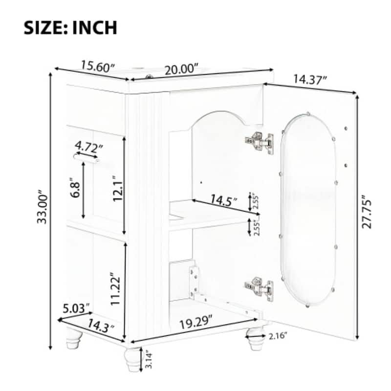 20 Inch Freestanding Bathroom Vanity with Sink, 2-Tier Side Shelf, Toilet Paper Holder, Adjustable Cabinet Shelf