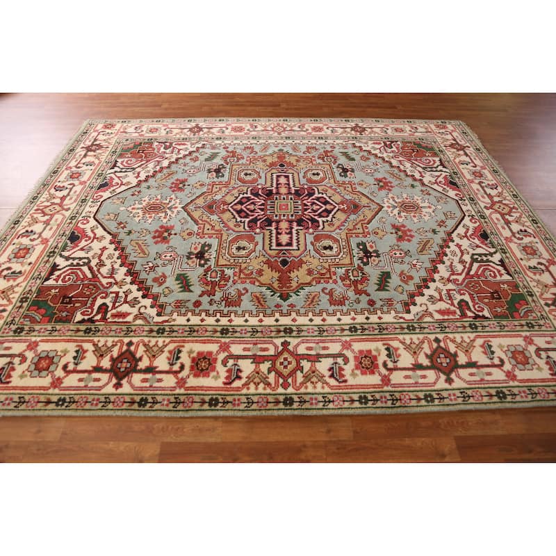 Light Blue Medallion Heriz Serapi Indian Rug Hand-Knotted Wool Carpet - 7'11" x 9'10"