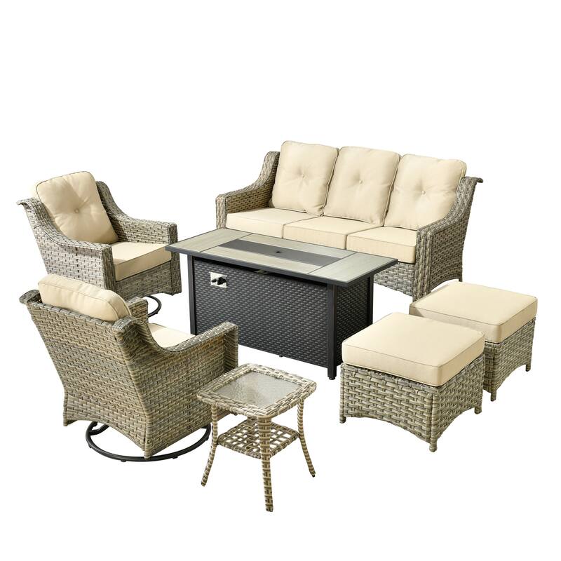 ​​OVIOS 7 Pieces Outdoor Wicker Swivel Chair Set with 54" Fire Table​