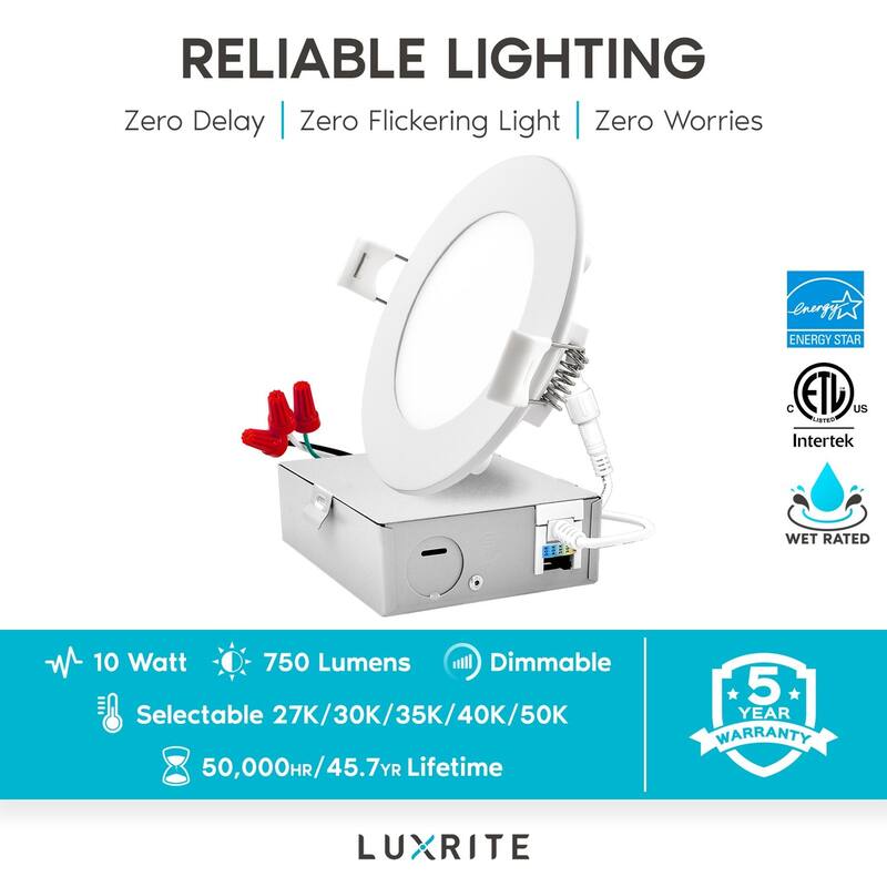 Luxrite 12 Pack 4" Ultra Thin LED Recessed Light with Junction Box 10W 5 Color Selectable Dimmable 750 Lumens ETL Rated