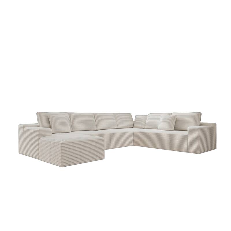 Roomfitters 137.8" Modular Sectional Sofa, 4-Piece Compressed Cloud Couch, No Assembly Required, Plush Corduroy, White