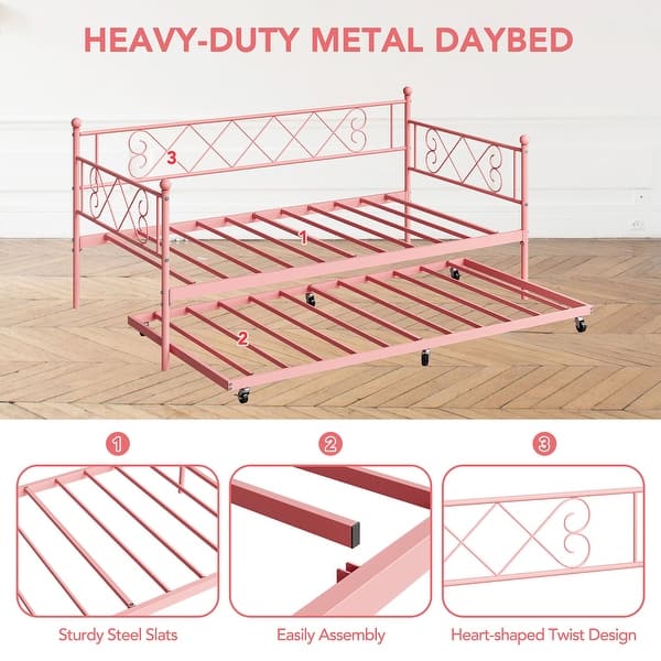 dimension image slide 0 of 4, Sturdy Metal Twin Bed Frame with Heart-shaped Headboard