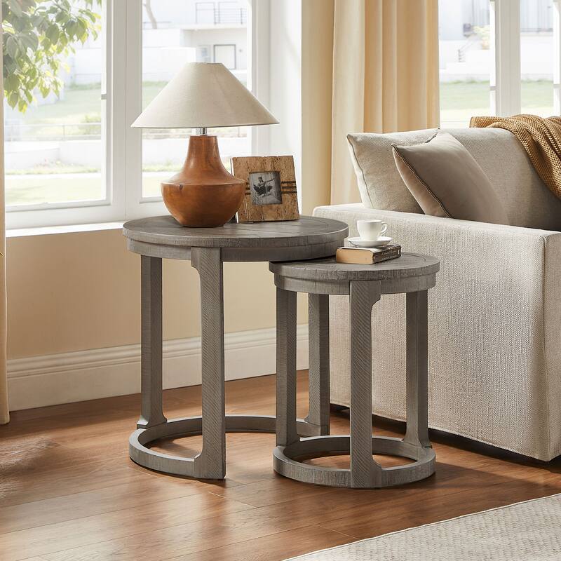 24 inch 2PCS Curved Traditional Round Circle Wooden Coffee Table Set, Mid Century Rustic Style Side Table, End Table