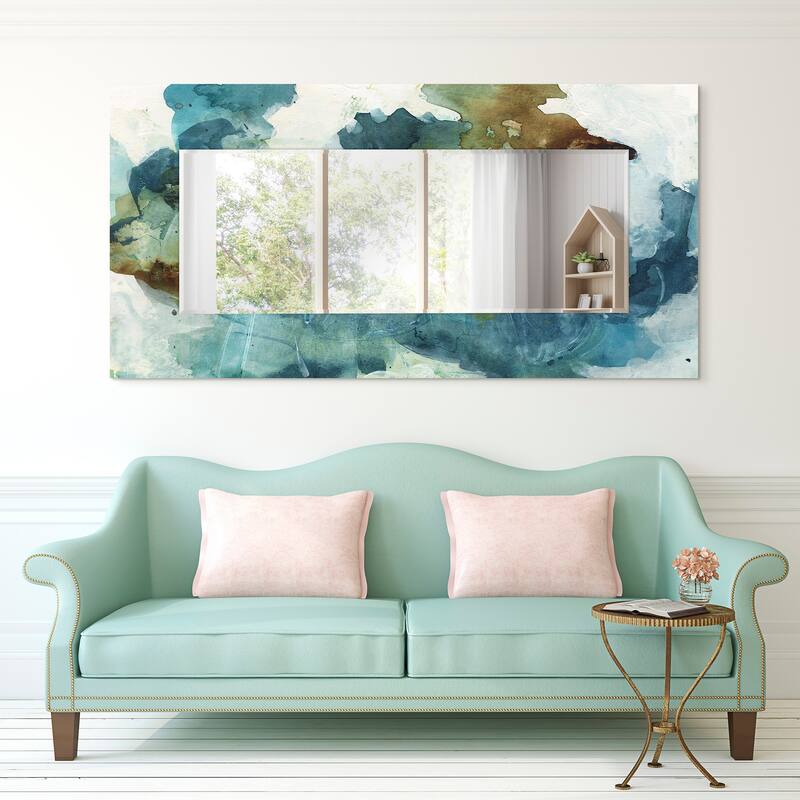 "Blue Sky" Abstract Rectangular Beveled Wall Mirror on Free Floating Tempered Glass - Multi - 72 x 36