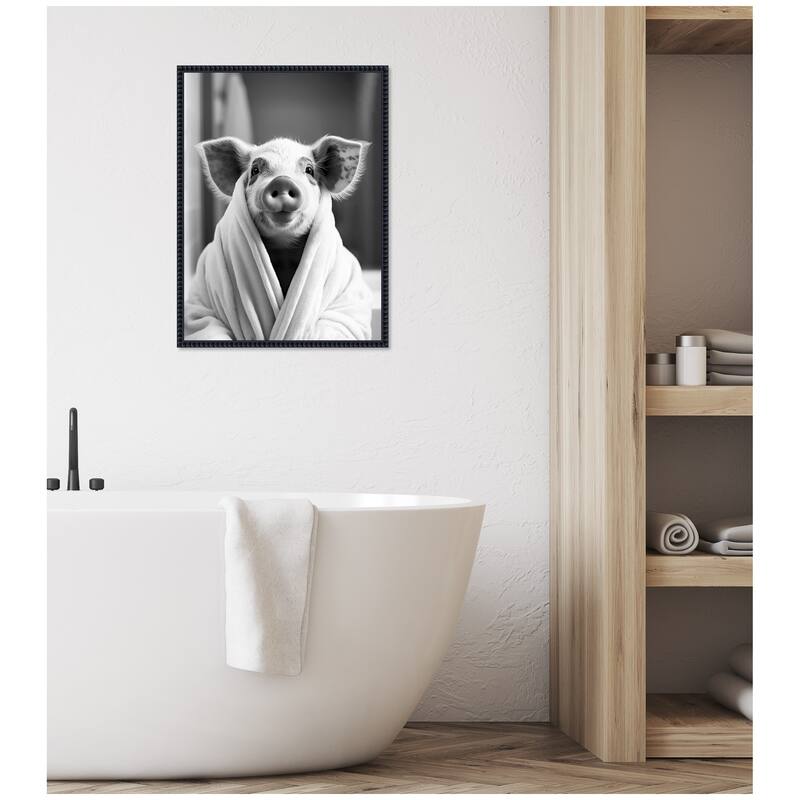 Kate and Laurel Sylvie Pig Bathroom Art Towel Robe Black and White Framed Canvas by The Creative Bunch Studio