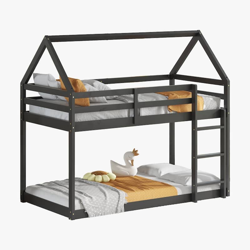 Black Twin over Twin House-Shaped Bunk Bed with Ladder, Guardrails, and Low Height Design